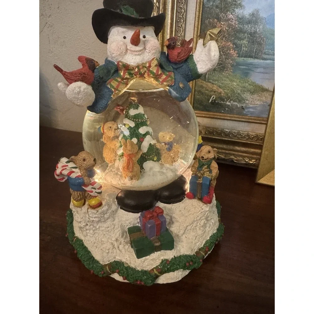 Vintage Three Jay's Musical Snowman Snow Globe Bunnies & Bears Woodland Holiday
